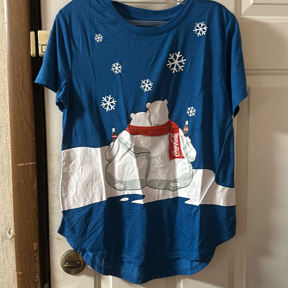 COCA COLA BEARS CHRISTMAS TEE: BLUE: NEW WITH TAGS: JUNIORS SIZE L